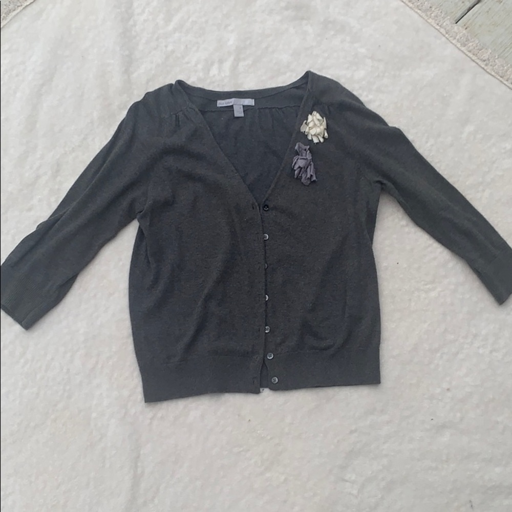 Gray cardigan with silver and cream flowers